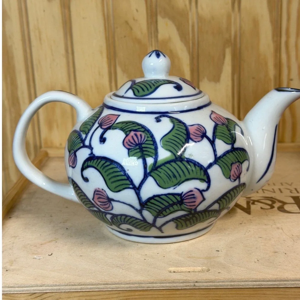 Vintage Hand Painted Ceramic Teapot‎ Pink Floral Green Leaf Blue Trim Made China